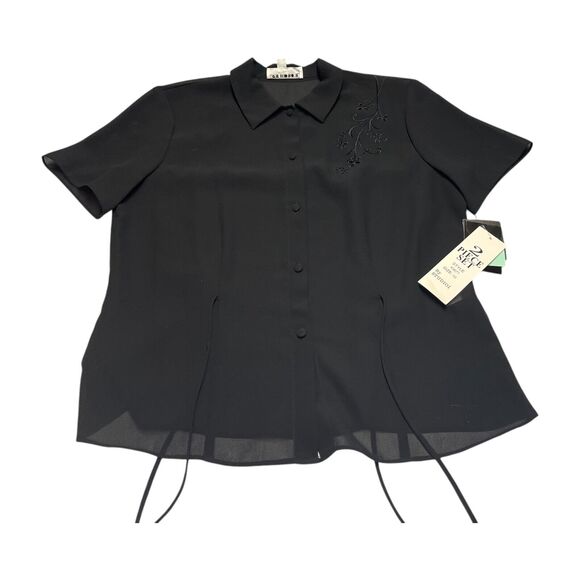 Studio 2 Piece Set Women's 10 Black Short Sleeve Embroidered Floral Button-Up - Picture 9 of 13